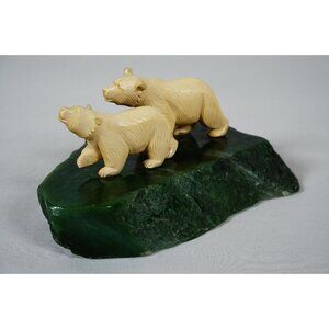 Canada Jade World - Group of Two Polar Bears on Genuine Nephrite Jade Stone Rock